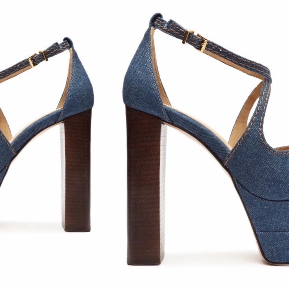 New! Schutz Latifah Denim Platform Block Heel Sandals in Blue - Picture 3 of 12